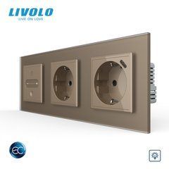 Smart touch dimmer LIVOLO EC, 1 gang + 2 sockets with USB-C 18 W, 16 A, earthed