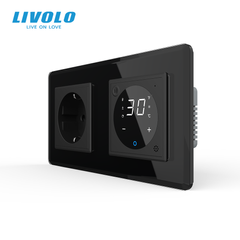 Терморегулятор для електричної теплої підлоги + розетка LIVOLO, білий скляний, в одній рамці (VL-C7C1EU1TM2-11)