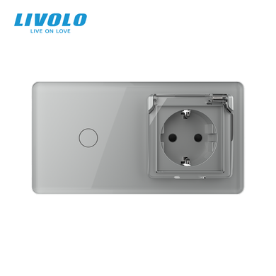 Smart touch switch LIVOLO with socket IP44 cover gray 2.5D 16A 230V with grounding shutter glass