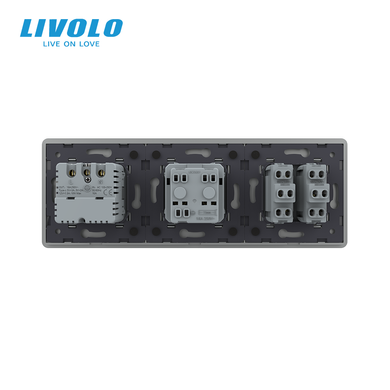 Universal one-way/two-way rocker switch LIVOLO, 2 gangs + 2 sockets with USB-C 18 W, 16 A, earthed
