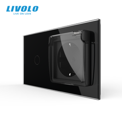 Pass-through sensor dimmer with socket and cover IP44, black, 16A 230V, with grounding, blinds, LIVOLO