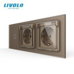 Сенсорний вимикач LIVOLO, 1 сенсор + 2 розетки з кришкою IP44, 16 А, із заземленням