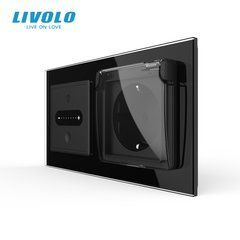 Smart touch dimmer with socket and cover IP44 LIVOLO, with grounding, blinds, black, glass