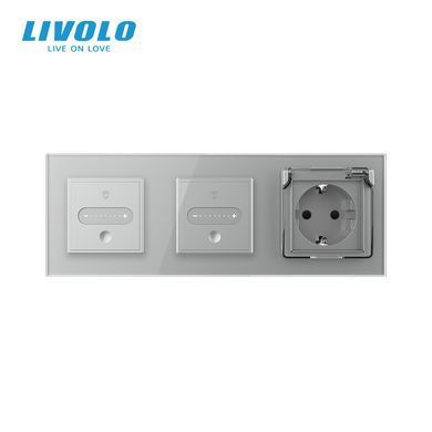 LIVOLO smart sensor dimmer 2 sensors (1-1) with IP44 socket, cover, gray glass, 16A 230V, grounding