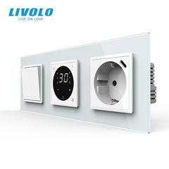 Терморегулятор для теплої підлоги + перехресний 2-вимикач + USB Type-C 18Вт LIVOLO, білий скляний