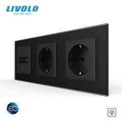 Smart touch dimmer LIVOLO EC, 1 gang + 2 sockets, 16 A, earthed