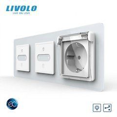 Smart pass-through sensor dimmer LIVOLO 2 sensors (1-1) with IP44 socket, cover, white 2.5D glass, grounding