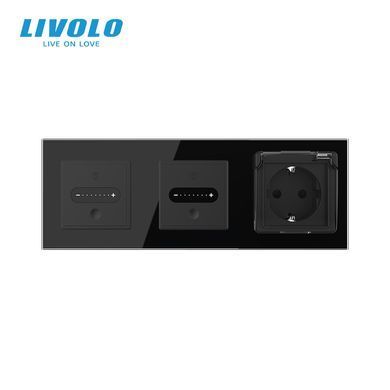 Smart touch dimmer LIVOLO 2 sensors (1-1) with IP44 socket, cover, black glass, 16A 230V, grounding