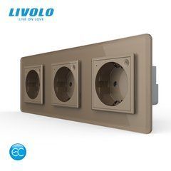 LIVOLO EC triple smart socket, 16 A, grounding, smartphone control, gold 2.5D glossy glass frame