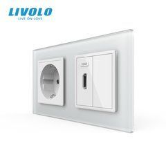 Комбінована розетка LIVOLO із заземленням та HDMI, зі скляною рамкою