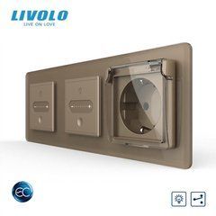 Smart pass-through sensor dimmer LIVOLO 2 sensors (1-1) with IP44 socket, cover, gold 2.5D glass, grounding