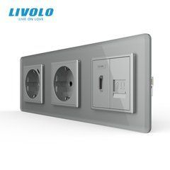Комбінована розетка LIVOLO із заземленням, USB-C 18 Вт, HDMI та інтернетом RJ-45, зі скляною рамкою