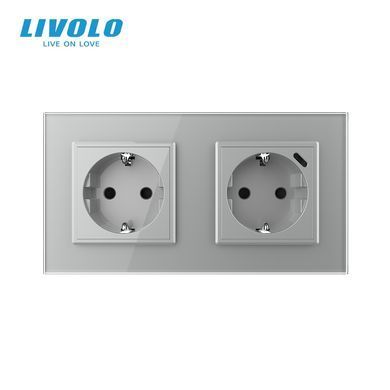 Двойная розетка LIVOLO с заземлением и USB-C 18 Вт, 16 А, со стеклянной рамкой