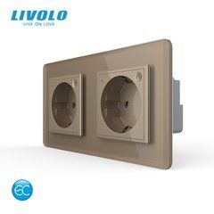 LIVOLO EC double smart socket, 16 A, grounding, smartphone control, gold 2.5D glossy glass frame