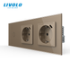 LIVOLO pass-through touch dimmer with two sockets with USB Type-C 18W, frosted gold, glass, 16A 230V, grounding