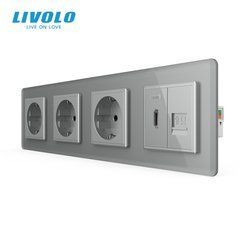 Комбінована розетка LIVOLO на 4 місця, HDMI та інтернет RJ-45, зі скляною рамкою