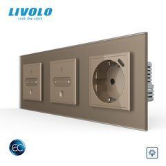 Smart touch dimmer LIVOLO EC, 2 gangs (1-1) + socket with USB-C 18 W, 16 A, earthed