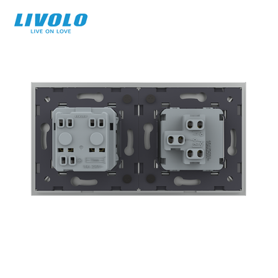 Non-latching switch with LIVOLO socket, grey frosted glass, 16A 230V, with grounding, protective shutters