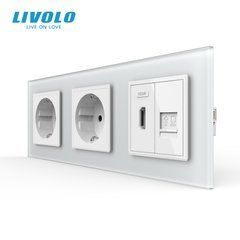 Комбінована розетка LIVOLO на 3 місця, HDMI та інтернет RJ-45, зі скляною рамкою
