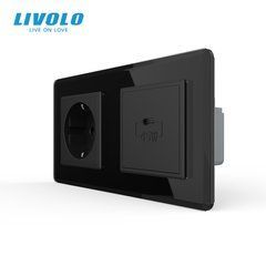 Розетка LIVOLO із заземленням та USB-C 45 Вт, 16 А, зі скляною рамкою