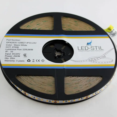 LED стрічка LED-STIL 2700K, 2 Вт/м, 2835, 120 діодів, IP33, 24V, 220 LM, тепле світло