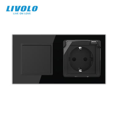 Non-latching switch with socket, cover IP44 LIVOLO black glass, 16A 230V, with grounding, protective shutters