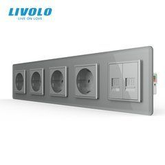 Комбінована розетка LIVOLO на 5 місць, 2 інтернет-порти RJ-45, зі скляною рамкою