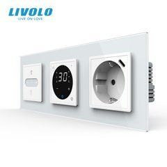 Розумний терморегулятор + прохідний сенсорний димер + USB Type-C 18Вт LIVOLO, білий скляний