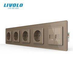 Комбінована розетка LIVOLO на 5 місць, 2 інтернет-порти RJ-45, зі скляною рамкою