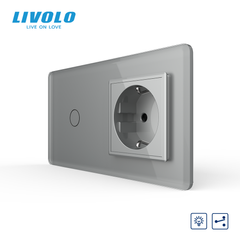 Sensor-controlled dimmer with LIVOLO 16A 230V socket with grounding, blinds, gray 2.5D, glass
